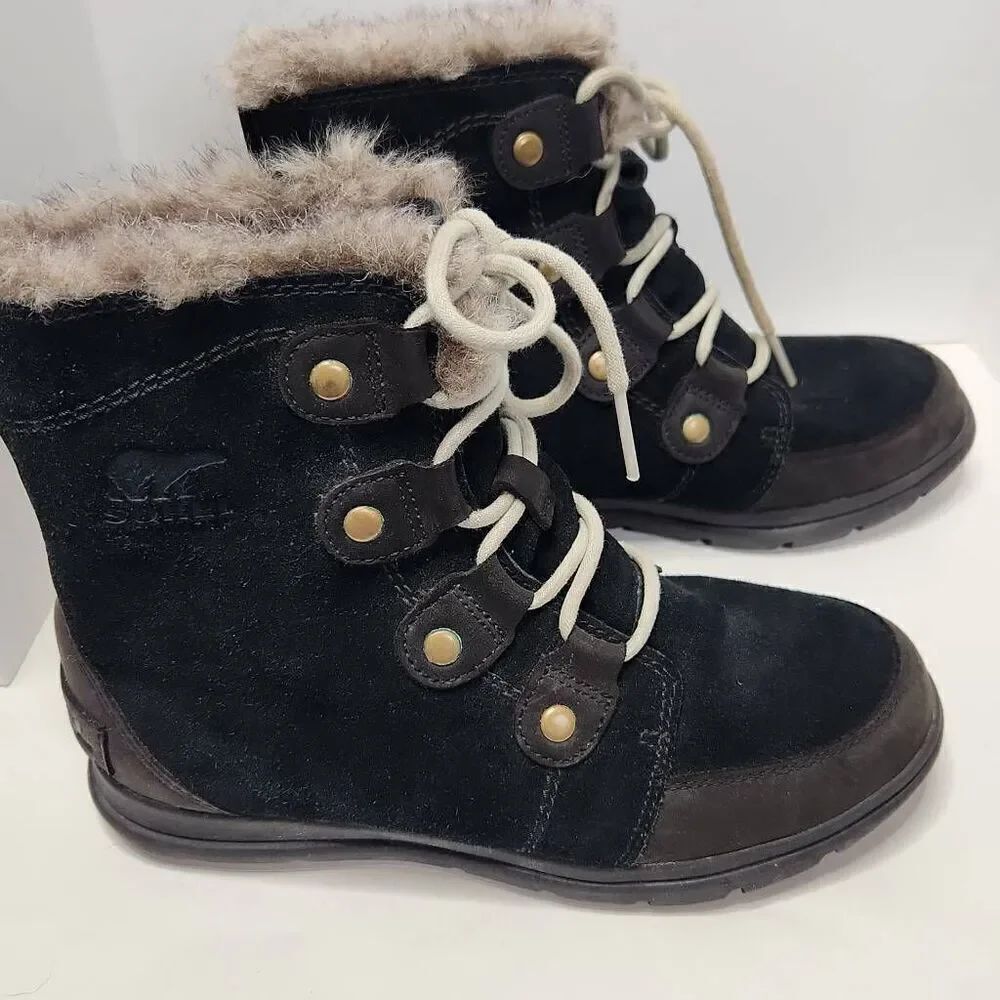 Sorel Womens Black Suede Explorer Joan Faux Fur Trim Lace-up Winter Boots Size 7
